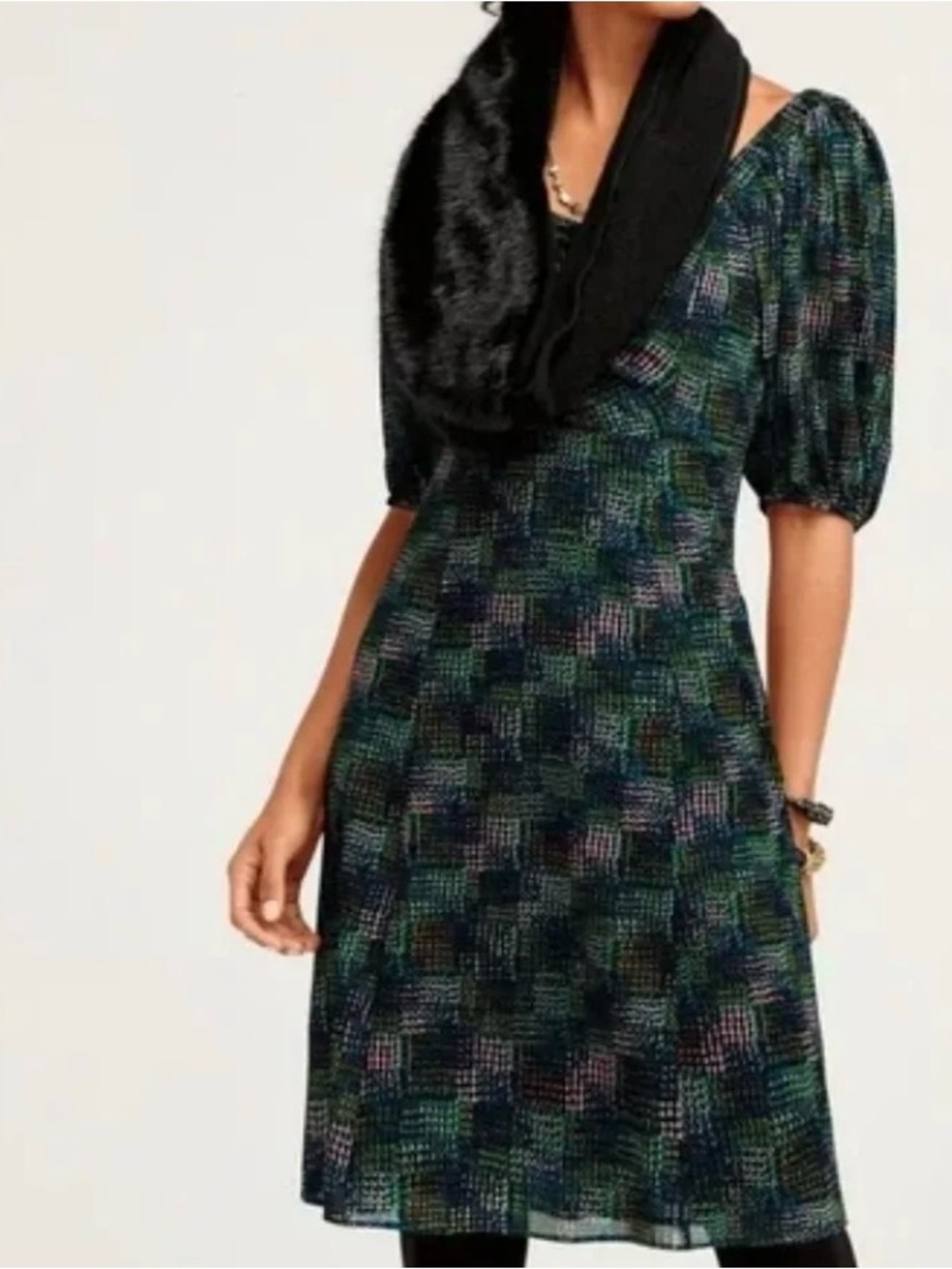 CAbi Green Multi-Pattern Midi Dress with Puff Sleeves